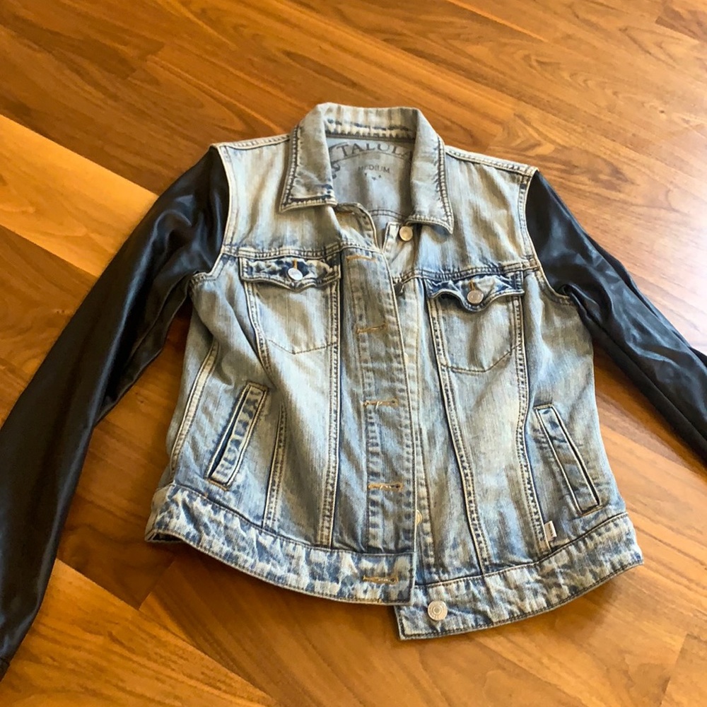 jean jacket with pleather sleeves